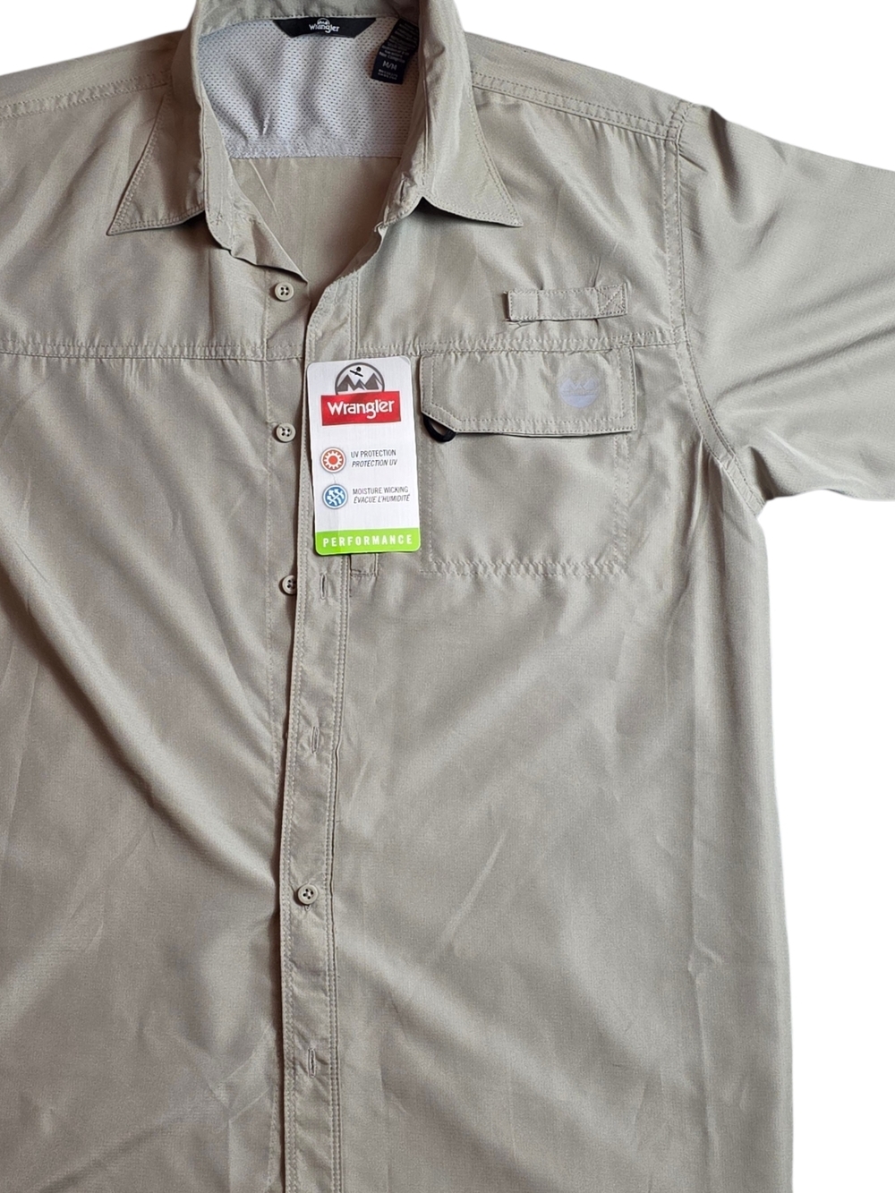Wrangler Short Sleeve UV protective Performance Button-Down Shirt Khaki Sz Med.